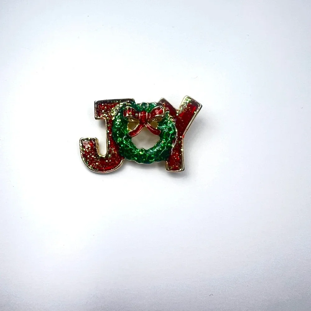 Vintage AAI Christmas Brooch JOY Enamel Glitter Red‎ Green Gold Tone Signed Pin